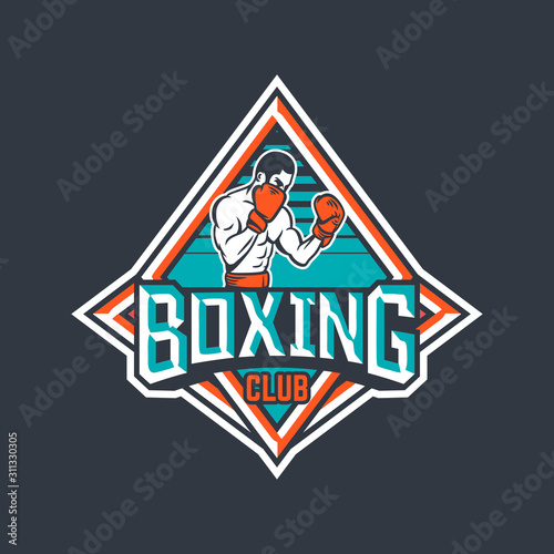 Boxing club badge logo emblem label design with boxer illustration