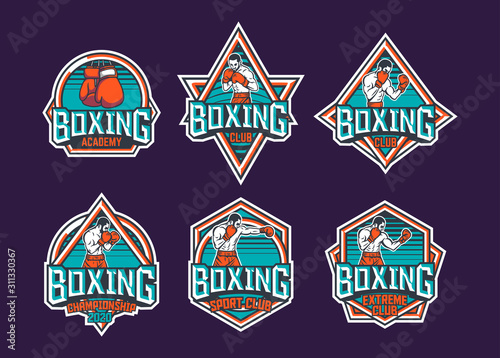 Boxing retro badge logo emblem design with boxer illustration pack with turquoise and orange color