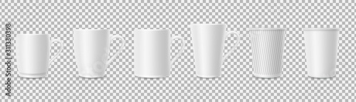 White cups. Realistic 3D cup mockups isolated on transparent background. Coffee, tea mugs vector set. Illustration mug for drink or hot beverage, ceramic cup with handle
