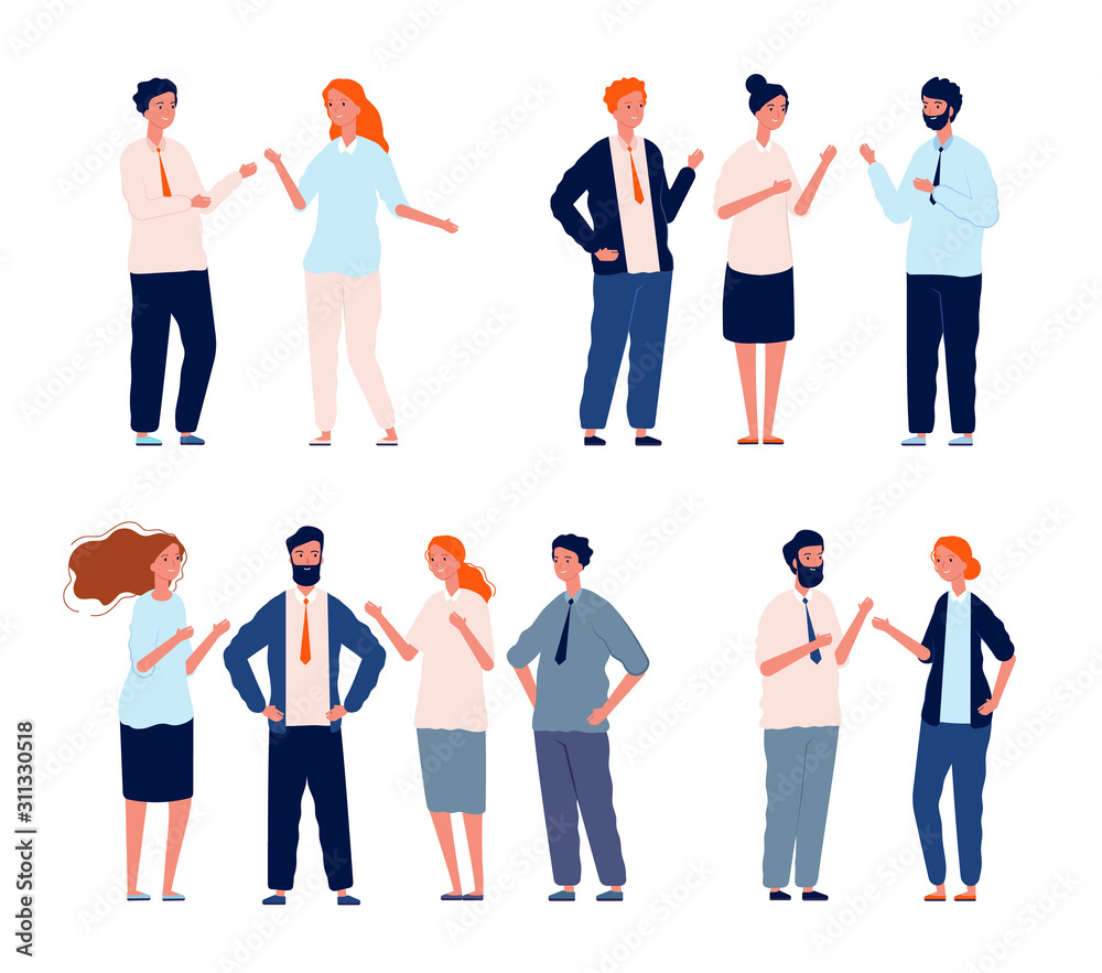 Business characters talking. People groups conversation people dialogue vector set. Conversation talk social, speak and communication dialogue illustration Business characters talking. People groups conversation people dialogue vector set. Conversation talk social, speak and communication dialogue illustration