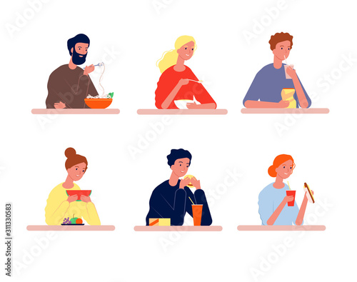 People eating. Hungry characters with different food vector person eating flat pictures. Guy eating and drink, people sitting at table with food illustration