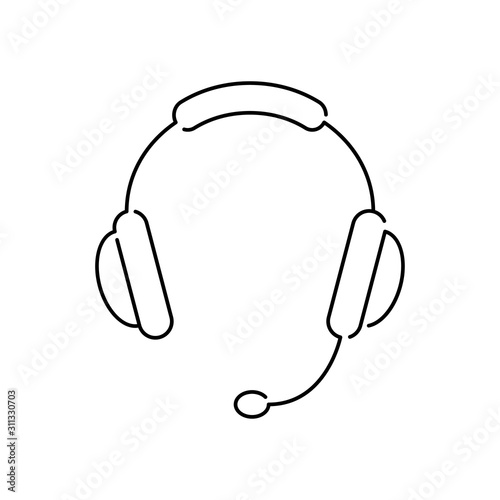 Símbolo línea directa. Icono plano lineal auriculares con micrófono en color negro