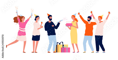 People with gifts. Happy characters group congratulate his friend with gifts packages and cake birthday party vector concept. Illustration birthday party cheerful and surprise