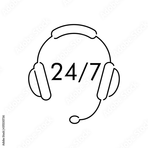 Servicio 24 horas 7 días semana. Icono plano lineal auriculares con micrófono y palabra 24 7 en color negro 