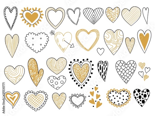 Heart sketch. Love symbols valentine day elements graphic shapes doodle vector set. Illustration sketching and scribble drawn gold hearts form
