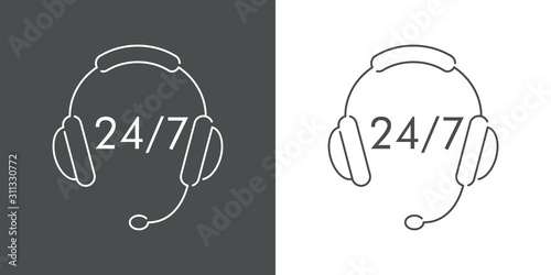Servicio 24 horas 7 días semana. Icono plano lineal auriculares con micrófono y palabra 24 7 en fondo gris y fondo blanco