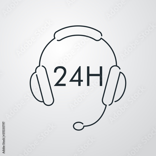 Servicio 24 horas. Icono plano lineal auriculares con micrófono y palabra 24 H en fondo gris