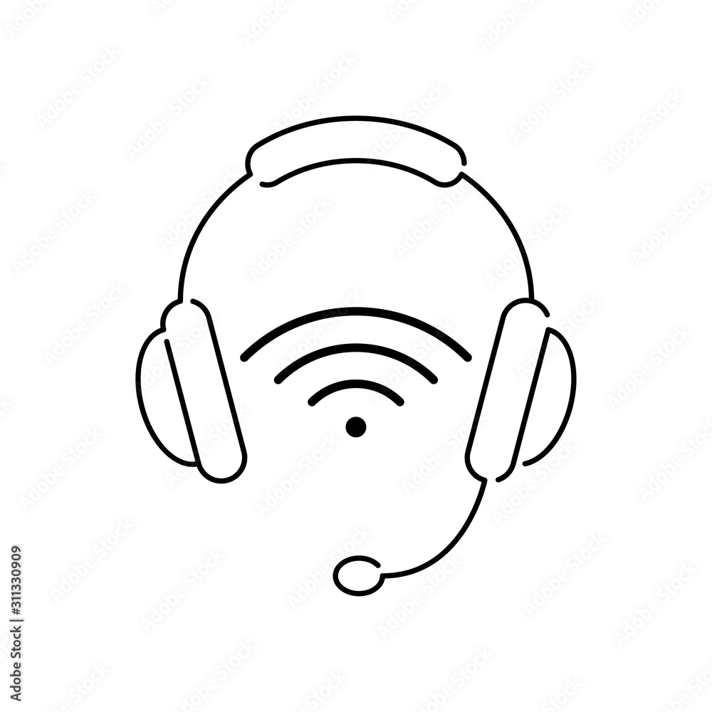 Icono plano lineal auriculares con micrófono y símbolo WiFi en color negro Icono plano lineal auriculares con micrófono y símbolo WiFi en color negro