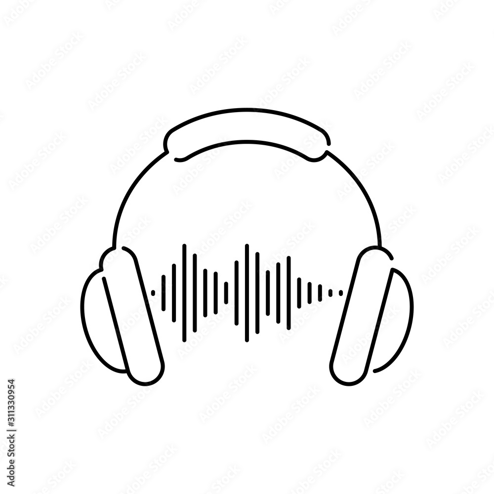 Icono plano lineal audífonos con olas de sonido en color negro Stock Vector  | Adobe Stock