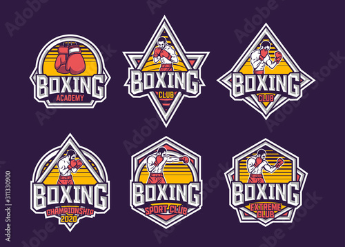 Boxing retro badge logo emblem design with boxer illustration pack with red and yellow color