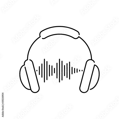 Icono plano lineal audífonos con olas de sonido en color negro