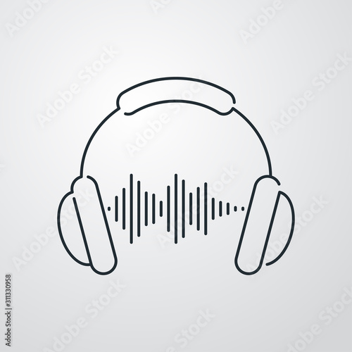 Icono plano lineal auriculares con olas de sonido en fondo gris