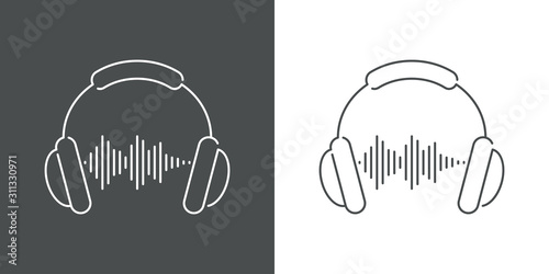 Icono plano lineal audífonos con olas de sonido en fondo gris y fondo blanco