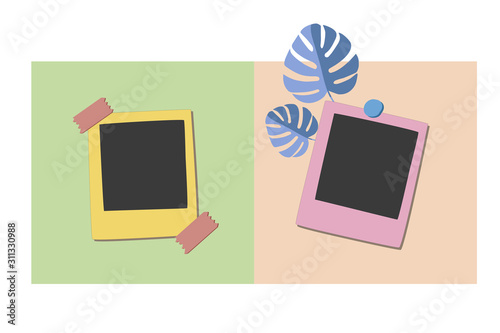 Instant photos with tropical leaves on a blackboard. A mudboard with photos.