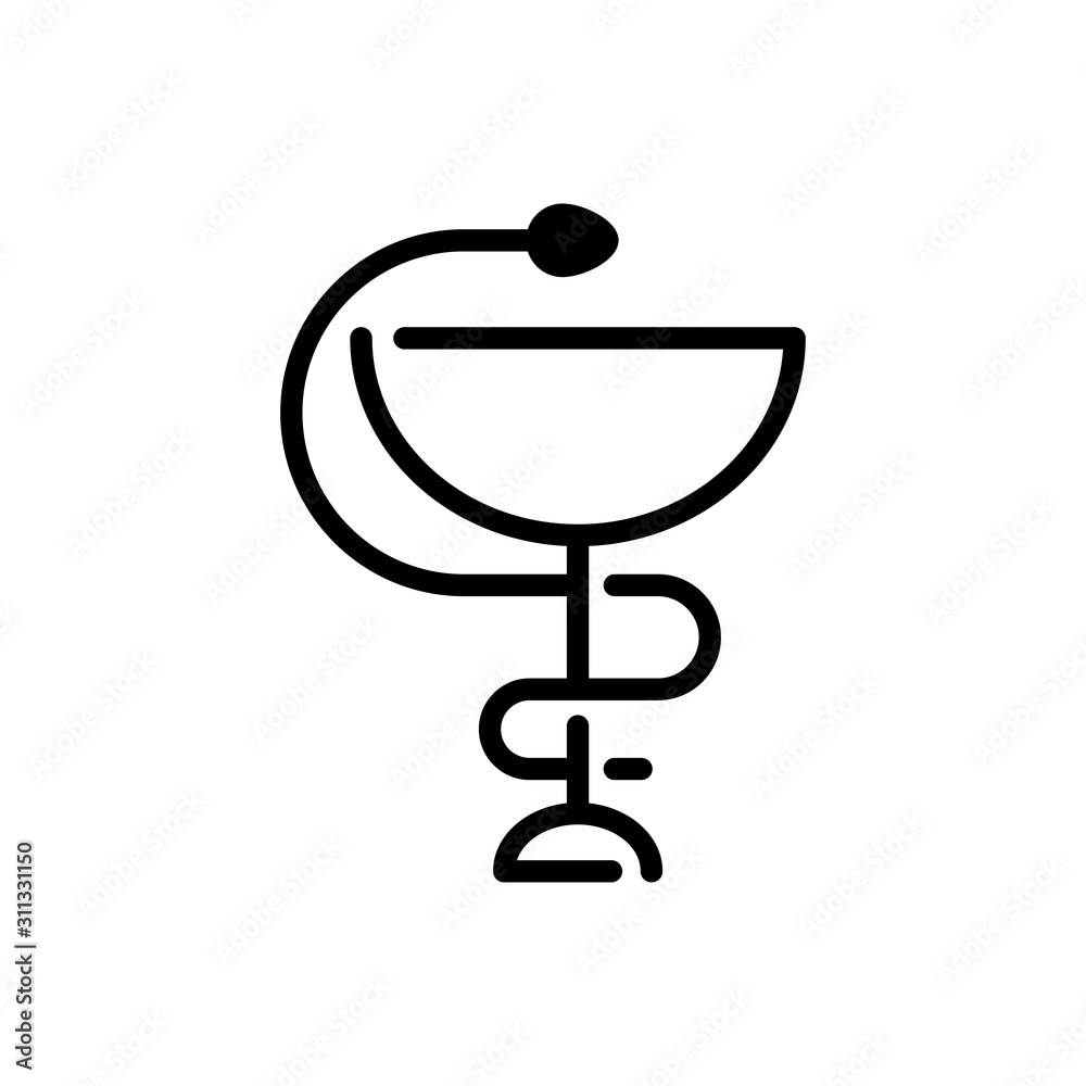Símbolo farmacia. Icono plano lineal copa y serpiente en color negro Símbolo farmacia. Icono plano lineal copa y serpiente en color negro