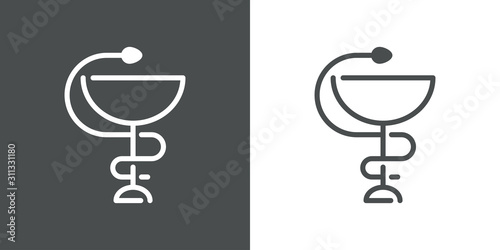 Símbolo farmacia. Icono plano lineal copa y serpiente en fondo gris y fondo blanco