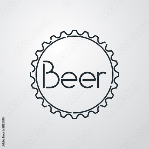 Icono plano lineal palabra Beer en chapa de botella de cerveza en fondo gris