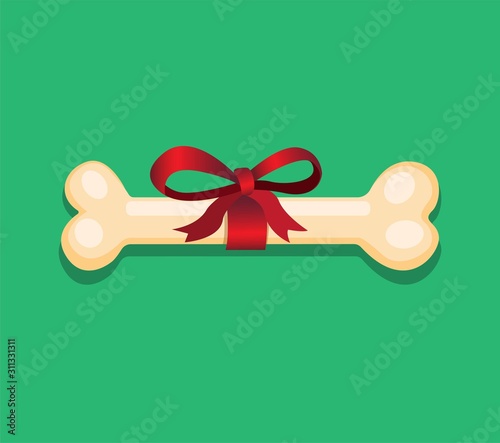 Bone with red ribbon for dog pets reward present gift symbol with green background in flat illustration vector 