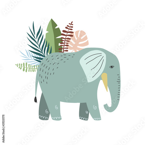 Illustration of an elephant with plants. Vector flat doodle animals in doodle style.