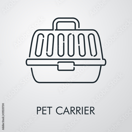 Icono plano lineal portadora de mascotas en fondo gris