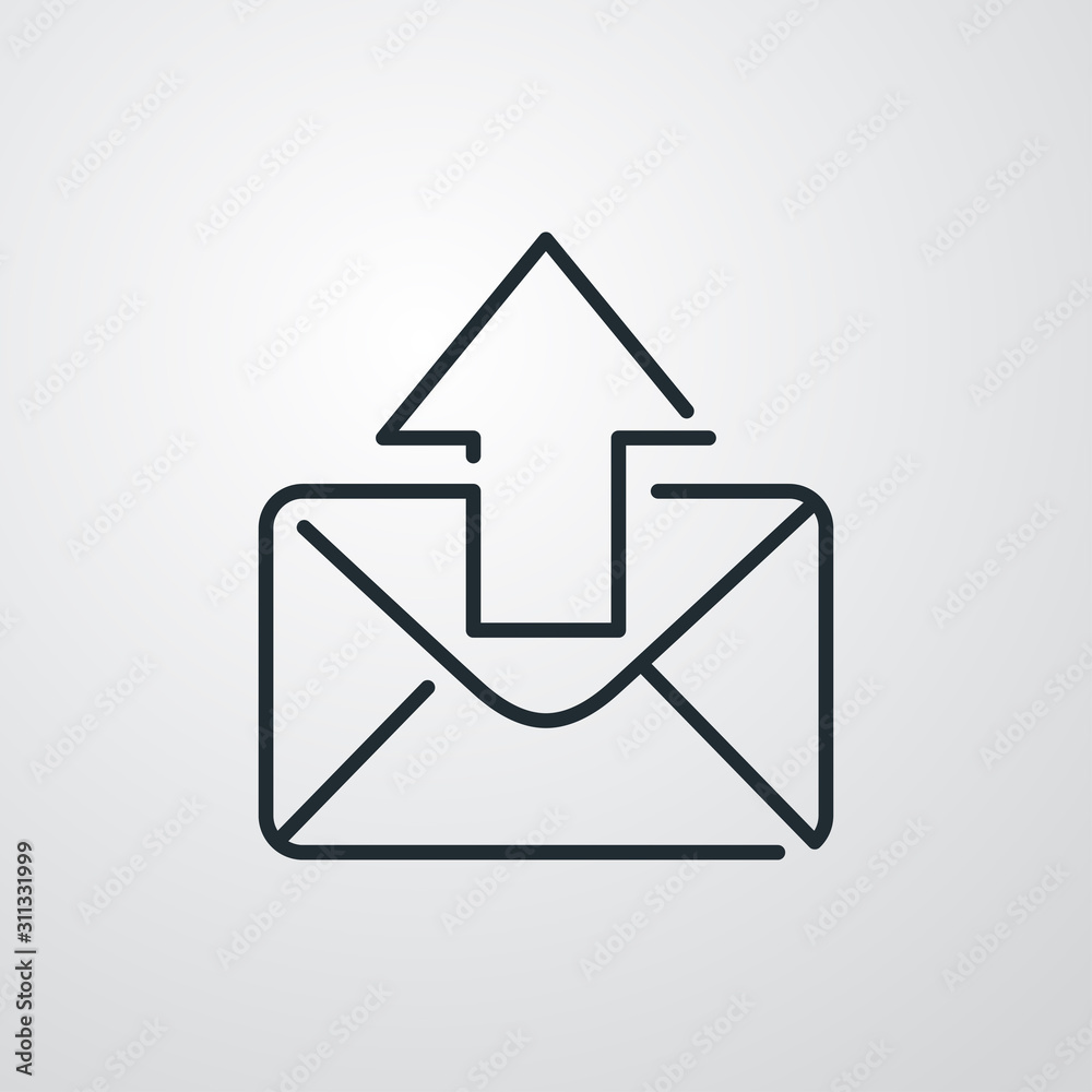 Bandeja de entrada. Icono plano lineal mensaje con flecha hacia arriba en fondo gris Bandeja de entrada. Icono plano lineal mensaje con flecha hacia arriba en fondo gris