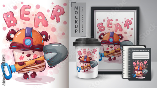 Bear with a shovel poster and merchandising