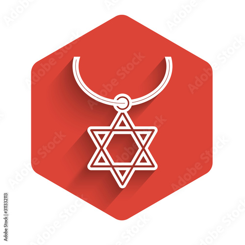 White line Star of David necklace on chain icon isolated with long shadow. Jewish religion symbol. Symbol of Israel. Jewellery and accessory. Red hexagon button. Vector Illustration