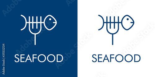 Logotipo con texto SEAFOOD con icono lineal de tenedor como espina de pescado en fondo azul y fondo blanco