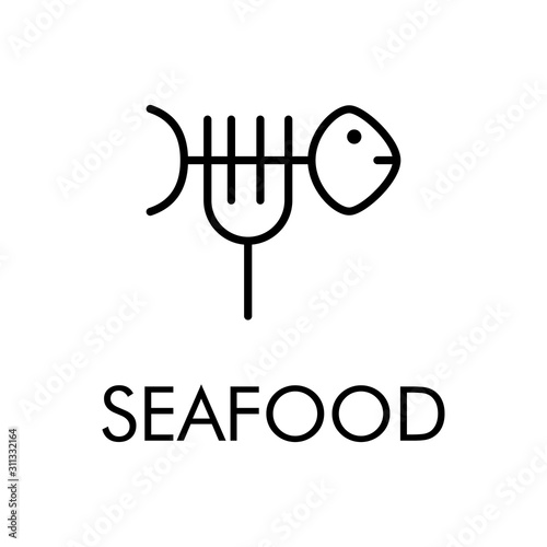 Logotipo con texto SEAFOOD con icono lineal de tenedor como espina de pescado en color negro