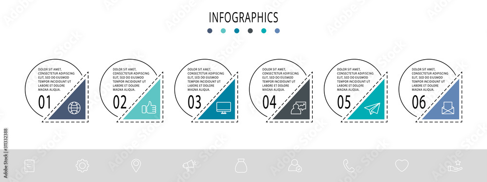 Naklejka premium Vector flat template circle infographics. Business concept with 6 options and arrows. Six steps for content, flowchart, timeline, levels, marketing, presentation, graph, diagrams, slideshow