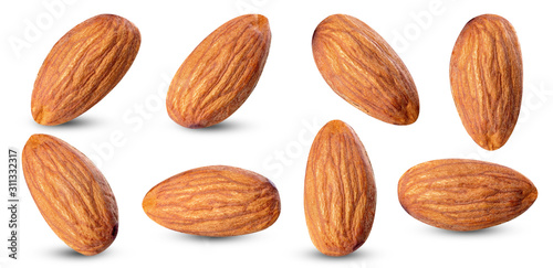 almond raw piece collection set.almond full macro shoot .nuts healthy food ingredient on white isolated .Clipping path