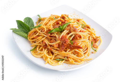 Spaghetti on white dish white isolated