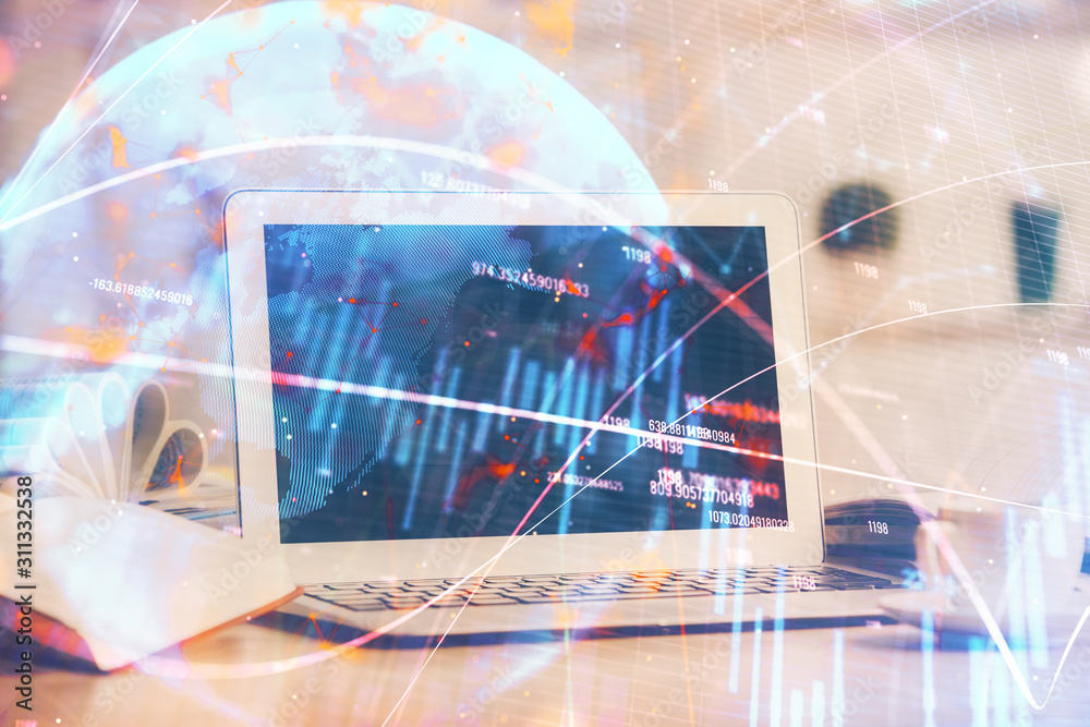 Stock market graph and table with computer background. Multi exposure. Concept of financial analysis. Stock market graph and table with computer background. Multi exposure. Concept of financial analysis.