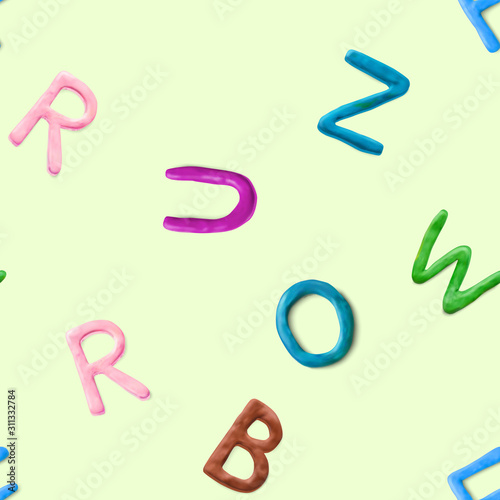 Seamless pattern with alphabet. Handmade modeling clay letters. Realistic 3d vector lettering background.