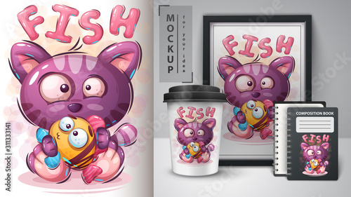 Cat with fish poster and merchandising