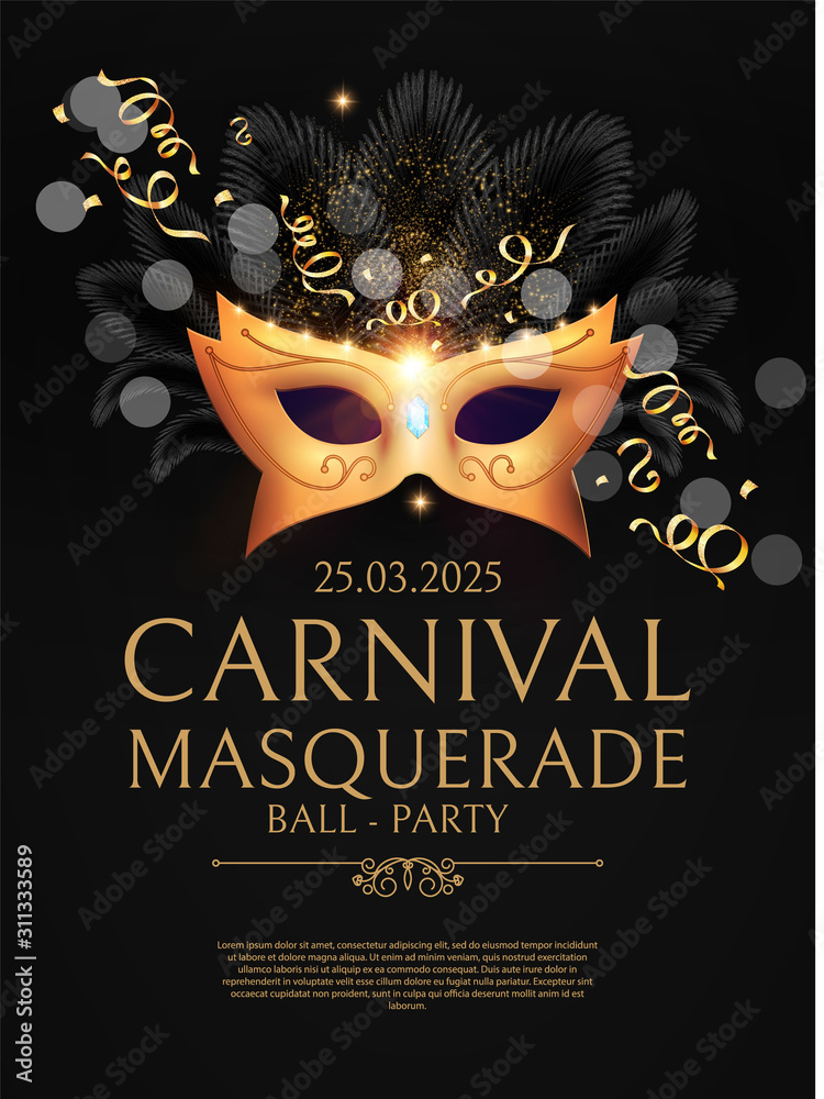 Masquerafe Flyer Template with Gold Carnival Mask. - obrazy, fototapety, plakaty 