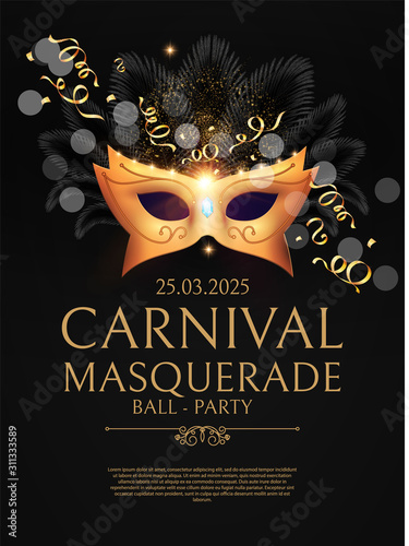 Masquerafe Flyer Template with Gold Carnival Mask. photo
