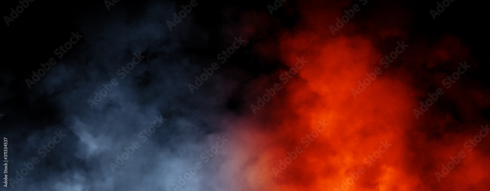 Panoramic view abstract blue and orange smoke steam moves on black background texture . The concept of aromatherapy. Stock illustration.