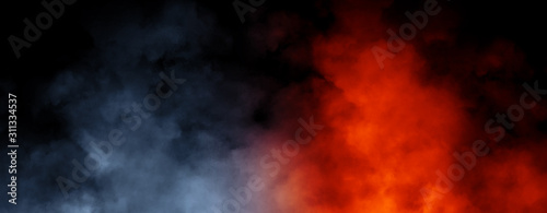 Panoramic view abstract blue and orange smoke steam moves on black background texture . The concept of aromatherapy. Stock illustration.