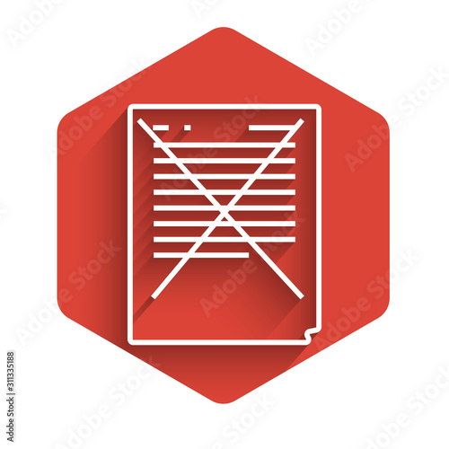 White line Exam paper with incorrect answers survey icon isolated with long shadow. Bad mark of test results, concept of unsuccessful report. Red hexagon button. Vector Illustration