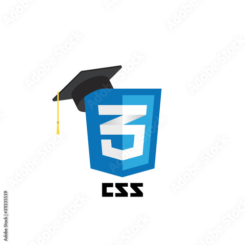 CSS web technology shield with graduation hat. Web site development icon on white background. Cascading Style Sheets. Learn web programming concept.