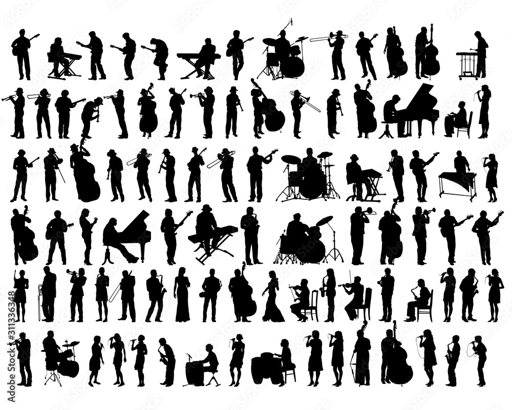 Jazz musicians with instruments on stage. Isolated silhouettes of people on a white background