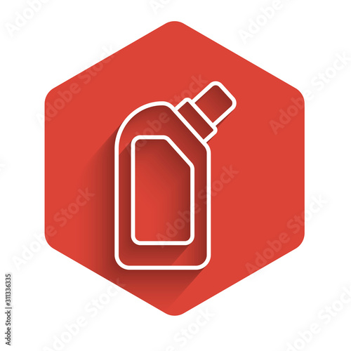 White line Plastic bottle for liquid laundry detergent, bleach, dishwashing liquid or another cleaning agent icon isolated with long shadow. Red hexagon button. Vector Illustration