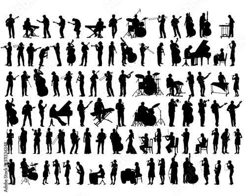 Jazz musicians with instruments on stage. Isolated silhouettes of people on a white background photo