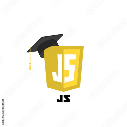 Javascript web technology shield with graduation hat. . Web site development icon on white background. Learn web programming concept.