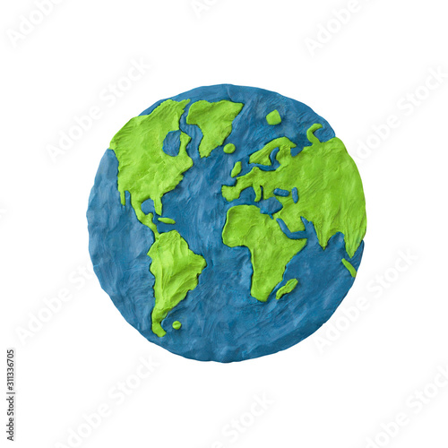 Planet Earth made of plasticine and isolated on white background