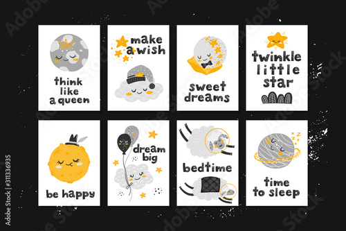 Vector set of cards with cute cartoon characters and phrases.