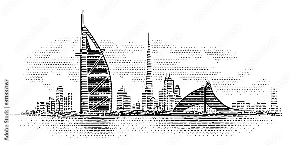 Dubai skyline engraving line illustration. United Arab Emirates drawing. Vector. Sky in separate layer. 