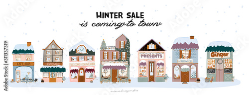 Sale print with beautiful Winter background, Christmas elements and trendy lettering. Good template for web, card, poster, sticker, banner, invitation, flyers. Vector illustration