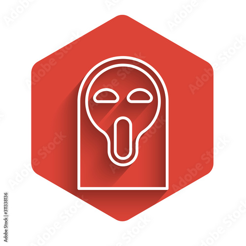 White line Funny and scary ghost mask for Halloween icon isolated with long shadow. Happy Halloween party. Red hexagon button. Vector Illustration
